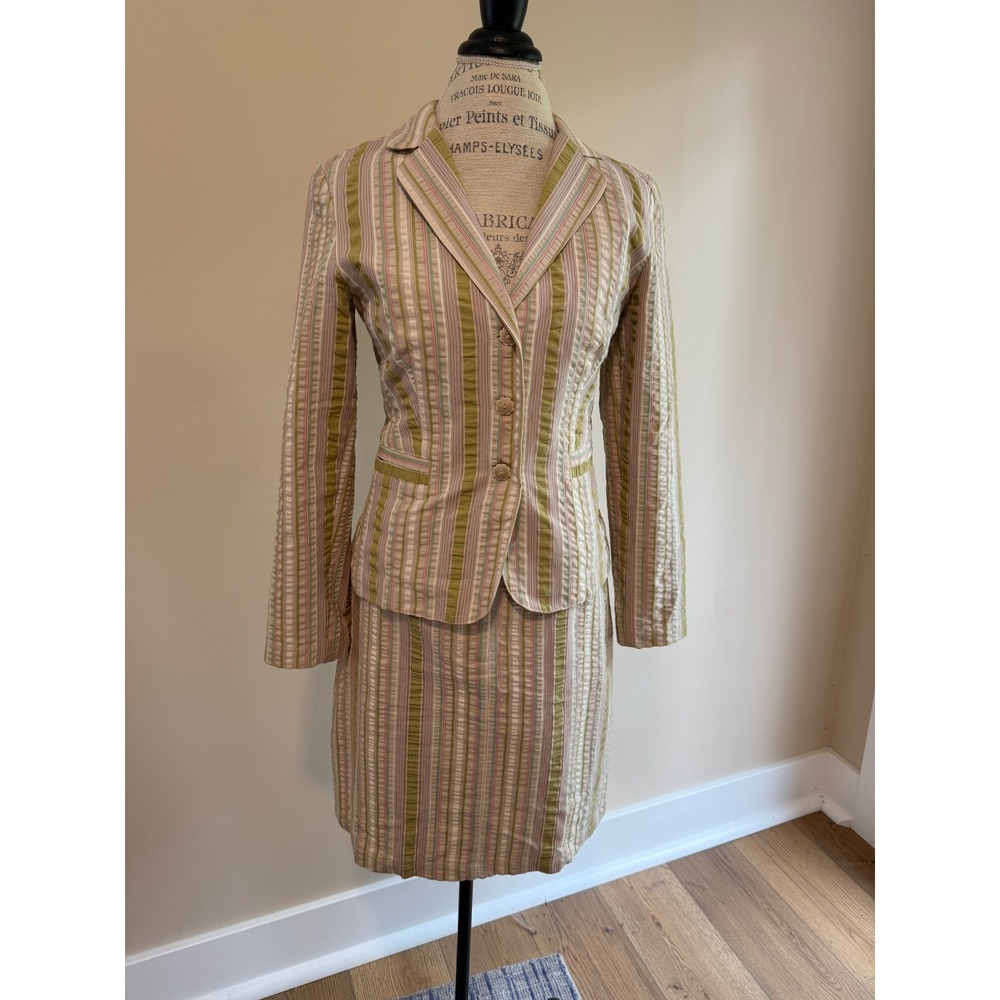 Cabi Women's Green Striped Skirt Suit Set Size 8